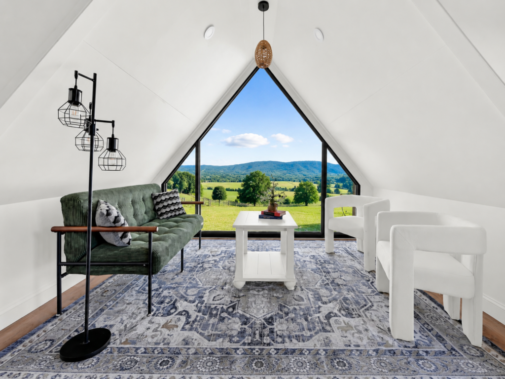 Luna A-Frame open concept living room with cathedral ceiling